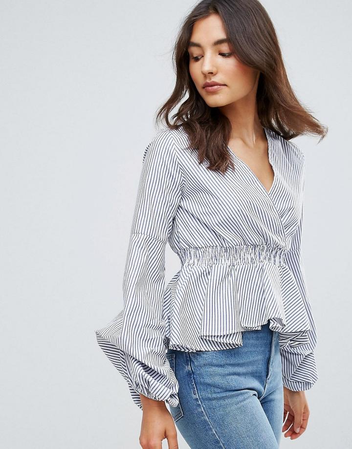 Qed London Stripe V Neck Top With Oversized Sleeve - Blue