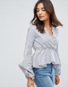 Qed London Stripe V Neck Top With Oversized Sleeve - Blue