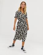 Influence Shirred Sleeve Midi Dress With Button Front In Leopard Print - Brown