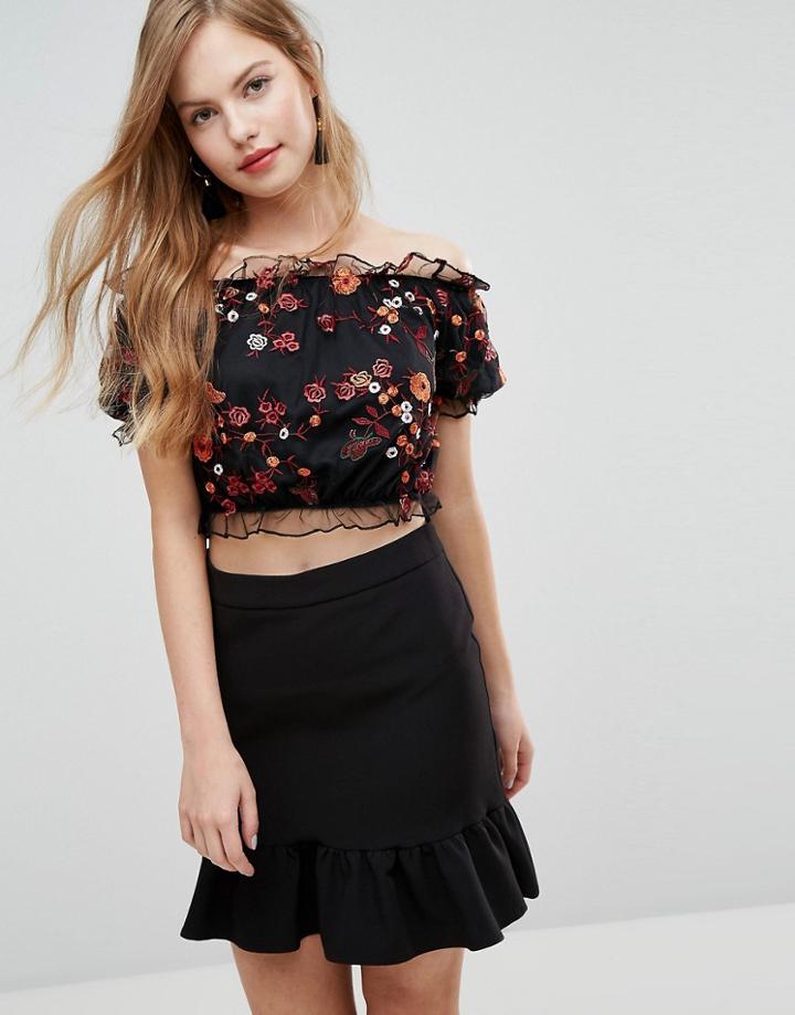 New Look Floral Embroidered Bardot Top - Black