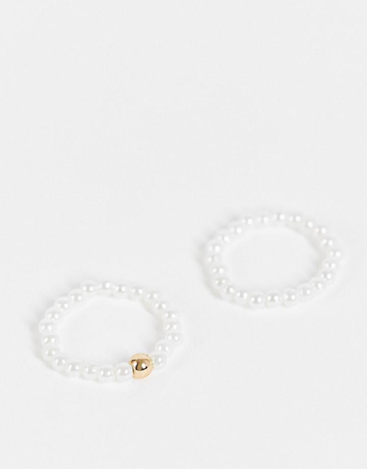 Asos Design Pack Of 2 Faux Pearl Rings With Gold Bead Design-white