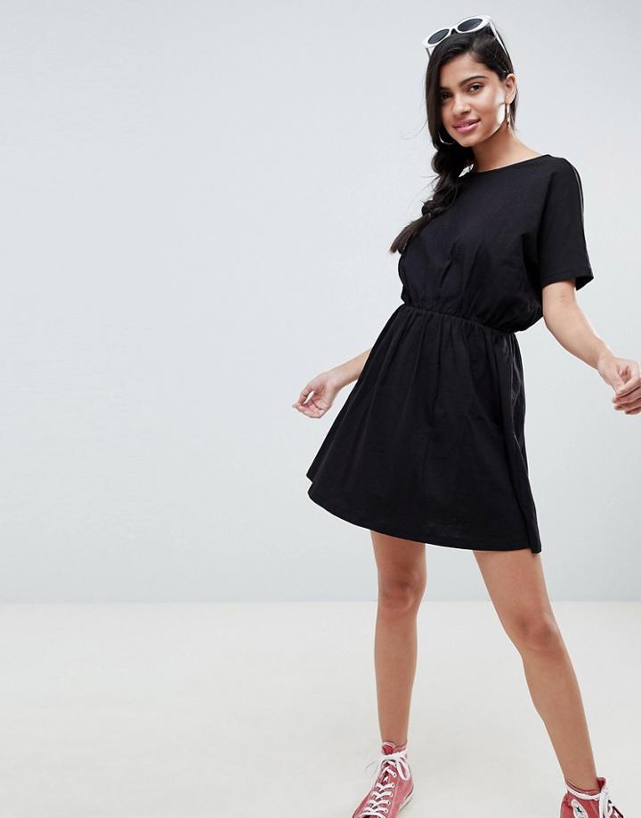 Asos Design Cross Back Smock Dress In Slub-black