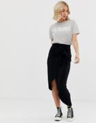 Asos Design Tie Front Wrap Midi Skirt In Jersey-black