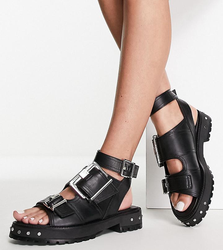 Asos Design Wide Fit Finchley Premium Leather Chunky Flat Sandals With Buckles In Black