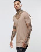 Asos Super Longline T-shirt With Raw V Neck In Beige - Brush