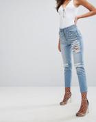 Liquor & Poker Mom Jean With Pearl Detail And Exposed Zip - Blue