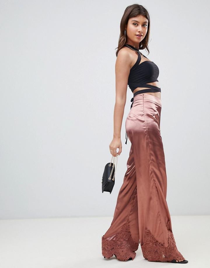 Prettylittlething Satin Lace Hem Wide Leg Pants In Pink - Pink