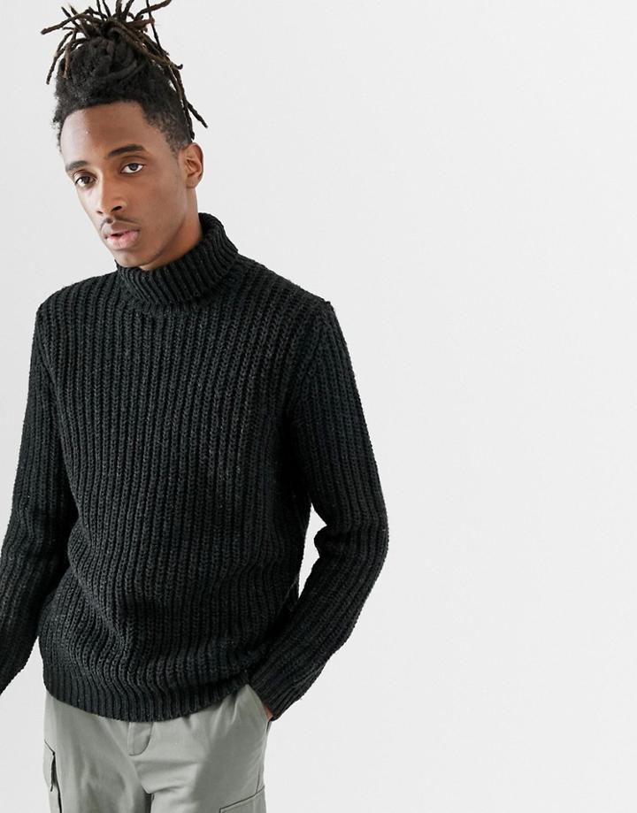 Asos Design Heavyweight Fisherman Rib Roll Neck Sweater In Black - Black