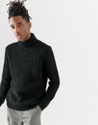Asos Design Heavyweight Fisherman Rib Roll Neck Sweater In Black - Black