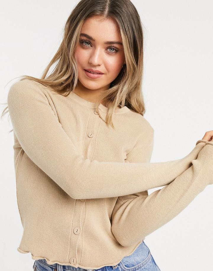 Asos Design Ribbed Crew Neck Cardigan With Ruffle Edge In Stone-neutral