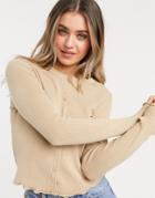 Asos Design Ribbed Crew Neck Cardigan With Ruffle Edge In Stone-neutral