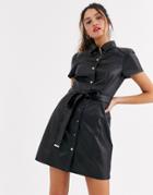 Lipsy Pu Button Through Mini Skater Dress With Belt In Black