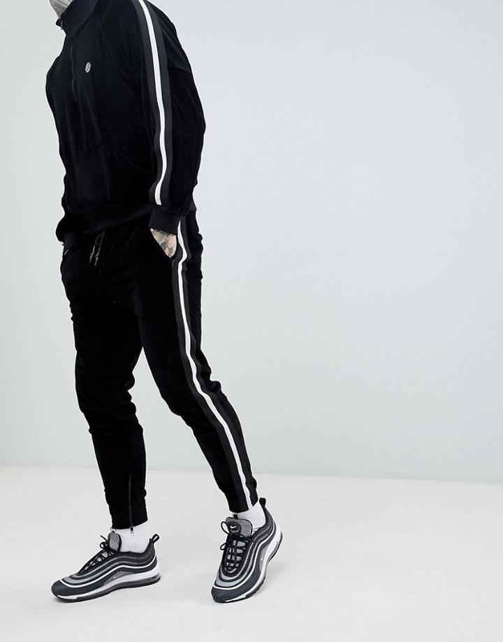 Religion Skinny Fit Velour Jogger In Black With Side Taping - Black