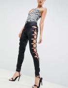 Asos Design Ridley High Waist Skinny Jeans In High Shine Stretch Satine Fabric With Side Lace Up Detail - Black