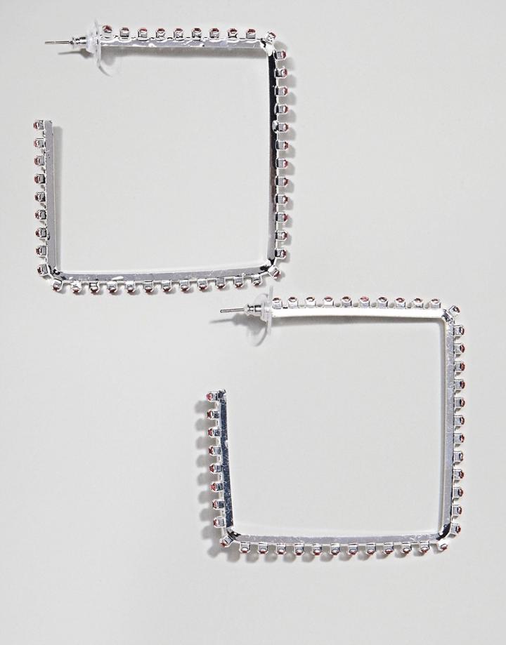 Asos Design Hoop Earrings In Square Shape With Pink Crystals In Silver - Silver