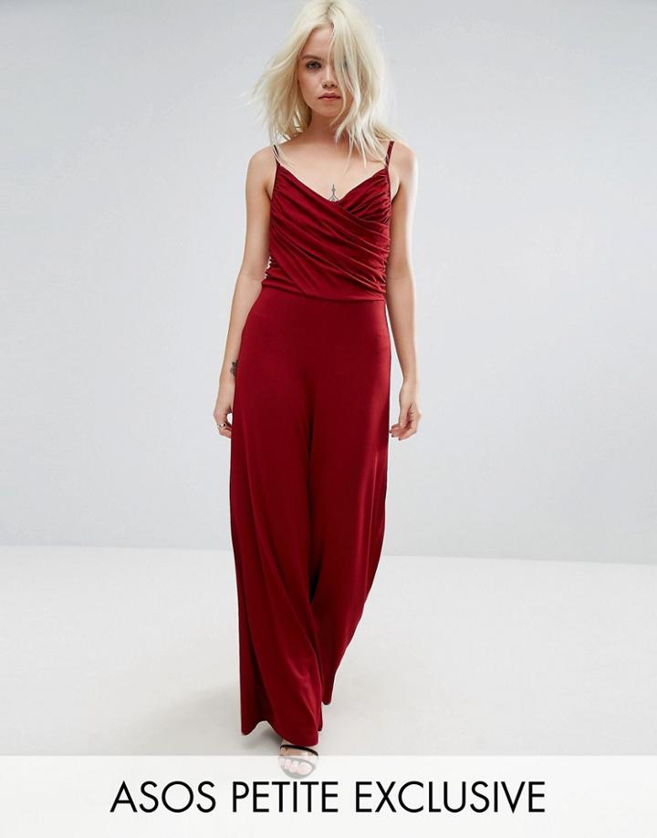 Asos Petite Cami Jumpsuit With Rouched Bodice And Wide Leg - Red