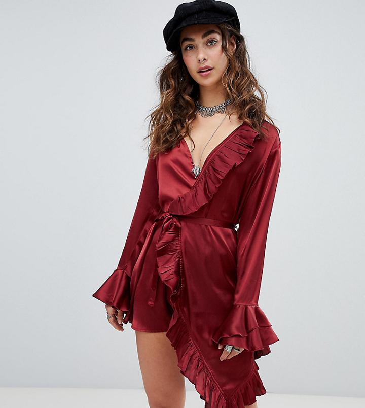 Sacred Hawk Wrap Dress In Satin - Red