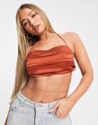 Parallel Lines Ruched Satin Crop Top In Terracotta-brown