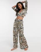 Asos Design Jersey Mix And Match Slinky Wide Leg Beach Pants In Cheetah Print-multi