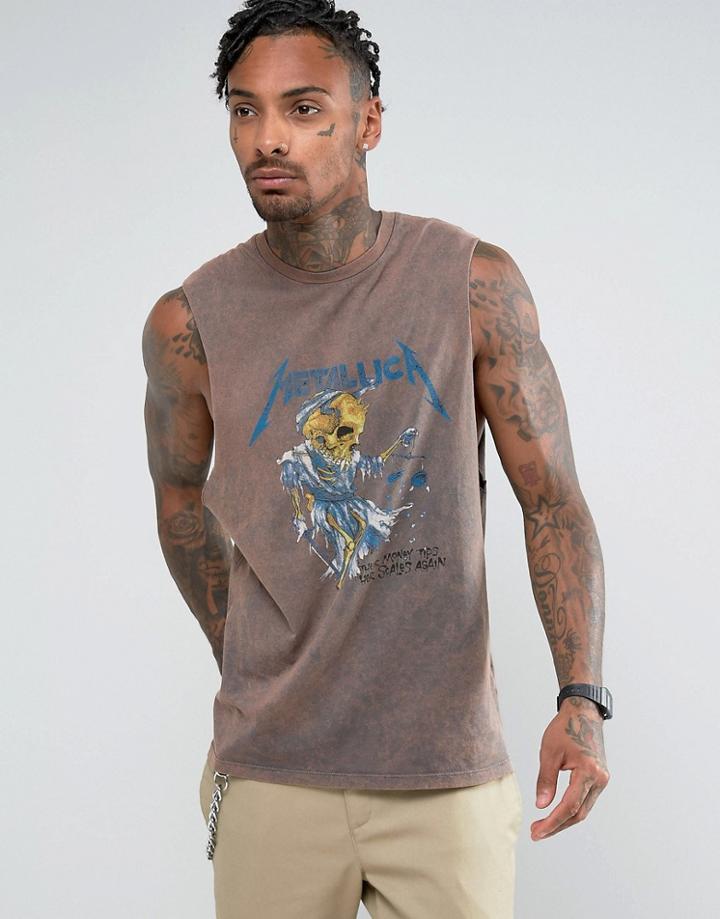 Asos Metallica Sleeveless Band T-shirt With Dropped Armhole And Acid Wash - Gray