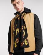 Asos Design Fluffy Scarf In Black With Flames