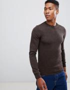 Asos Muscle Fit Crew Neck Sweater In Merino Wool-brown