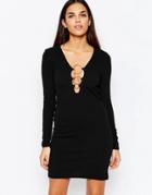 Club L Shift Dress With Plunge Neck And Disc Hardware Detail - Black