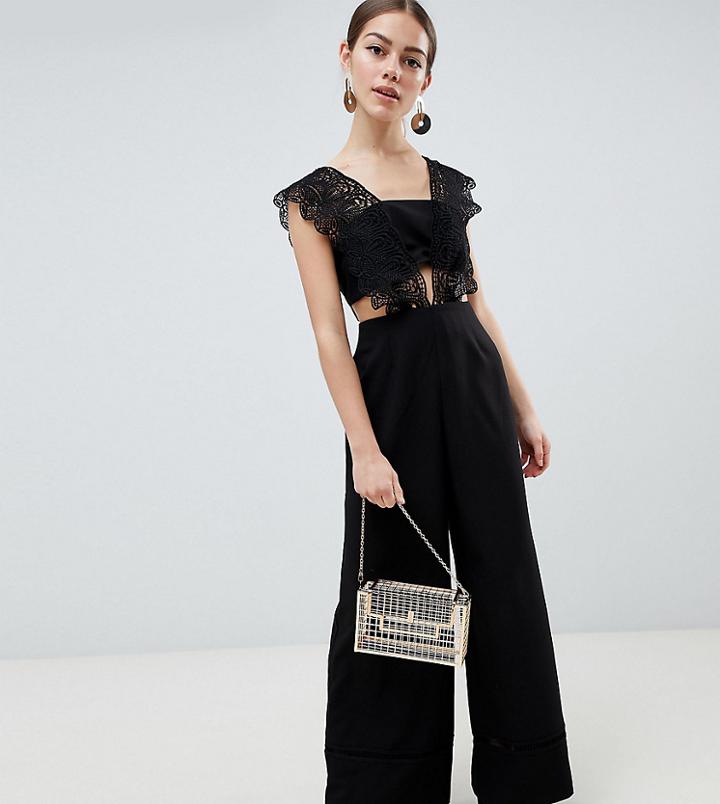 Asos Design Petite Lace Top Jumpsuit With Wide Leg-black