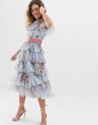 Needle & Thread Tulle Tiered Floral Midi Dress With Waistband In Dusk Blue - Blue