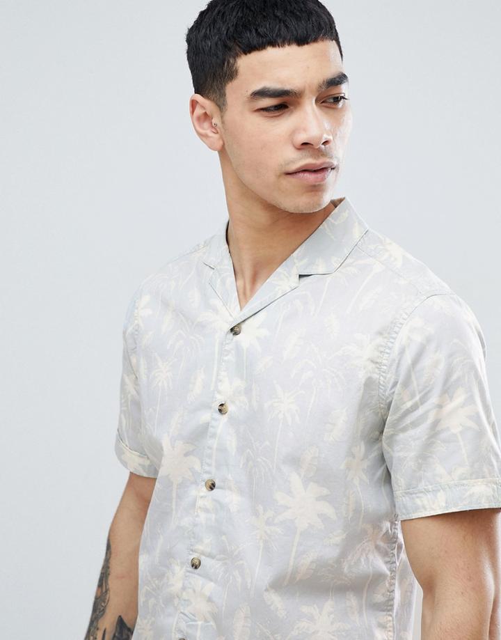 Esprit Regular Fit Shirt With Revere Collar In Palm Print - White