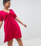Asos Design Curve Mini Button Through Tea Dress With Tie Sleeve - Red