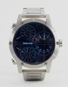 Police Mens Multi Functional Blue Dial Stainless Steel Watch - Silver