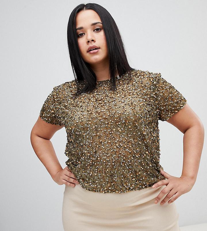 Asos Design Curve T-shirt With Sequin Embellishment-green