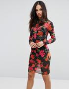 Missguided High Neck Floral Ruched Bodycon Dress - Black