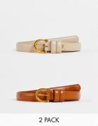 Svnx 2 Pack Pu Leather Belt With Buckle In Brown And Cream-multi
