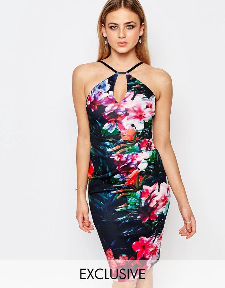 Lipsy Keyhole Bodycon Dress - Black Floral