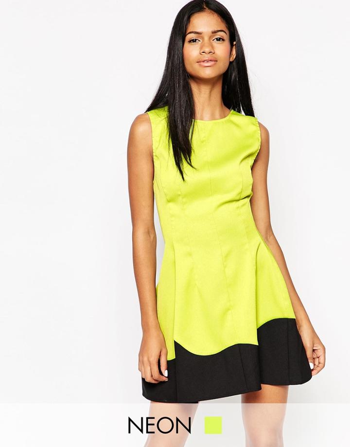 Ax Paris Skater Dress With Contrast Wave Panel - Lime