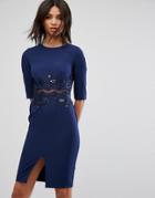 Little Mistress Pencil Dress With Mesh Insert & Sequin - Navy