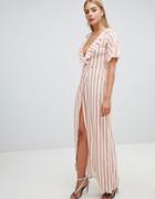 Prettylittlething Stripe Print Frill Detail Wrap Maxi Dress - Stone