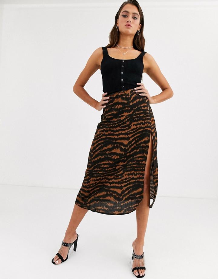 Motel Midi Skirt With Thigh Split In Animal Print