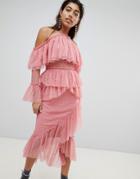 Asos Design Dobby Mesh Midi Dress With Asymmetric Ruffles - Pink