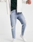 Asos Design Classic Rigid Jeans In Bleach Wash With Rips-blues