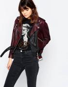 Asos Premium Leather Biker Jacket With Heavy Wash - Red