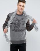 Bellfield Stag Jacquard Knitted Holidays Sweater - Gray