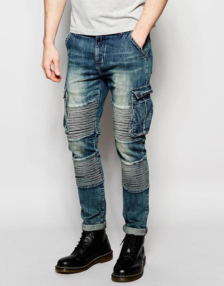 Underated Skinny Cargo Biker Jeans - Mid Blue Stone Wash