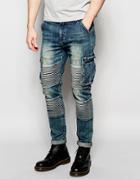 Underated Skinny Cargo Biker Jeans - Mid Blue Stone Wash