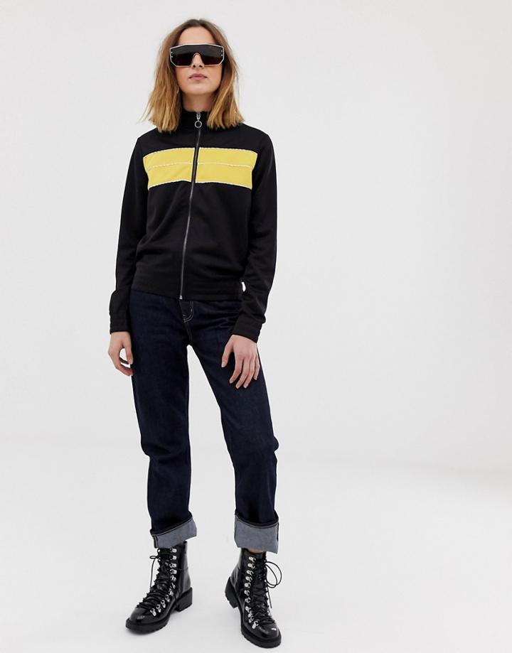 Pieces Stripe Zip Up Top-black
