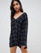 Asos Design Swing Romper With Fluted Sleeve In Check - Multi