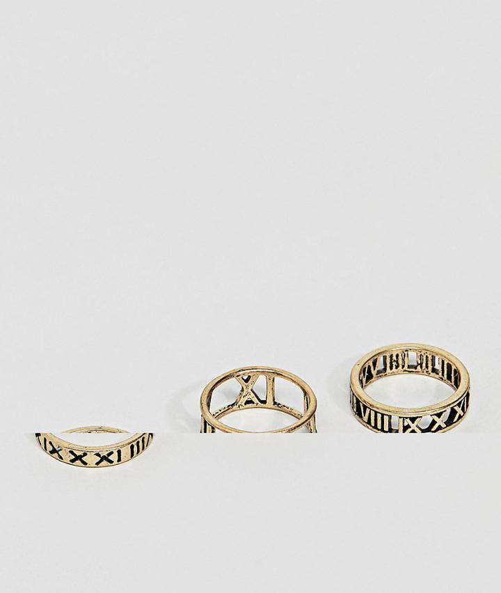 Asos Design Gold Ring Pack With Cut Out Roman Numeral - Gold