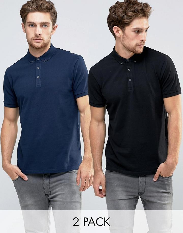Asos Pique Polo 2 Pack In Navy And Black Save 17%